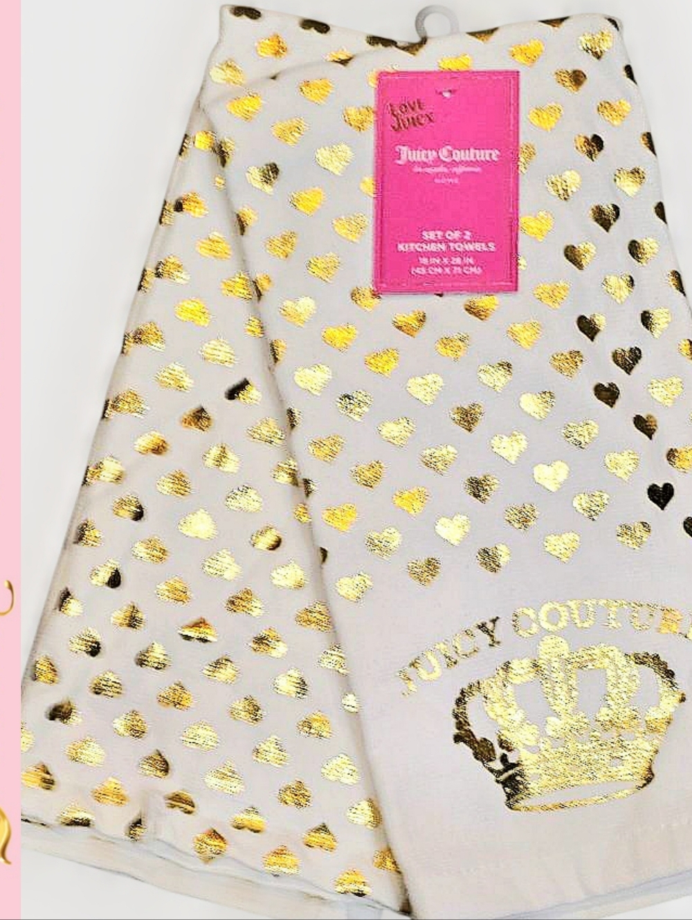 Juicy Couture Home Gold Heart & Crown Foil Logo Kitchen Towel Set